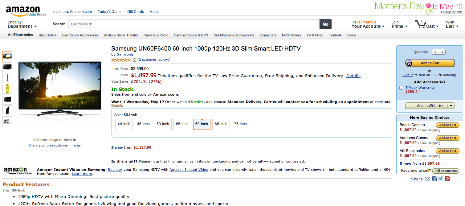 Amazon detail page with buy box example on right.